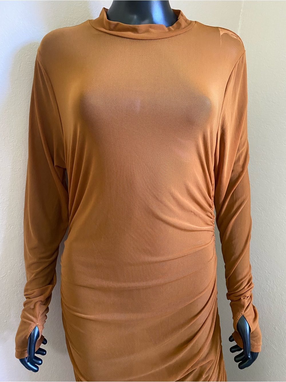 Fashion Nova Free Bird Tan Brown Sheer Long Sleeve Ruched Midi Dress NWTs - Picture 3 of 14